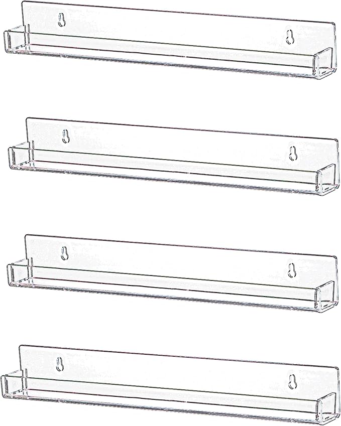 IEEK 4 PCS Floating Invisible Kids Bookshelf Wall Mounted Nail Polish Rack,Clear Acrylic Picture Ledge Vinyl Record Display Shelf Nail Polish Holder with Removable Anti-Slip End Inserts,15 inch