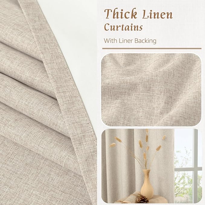 LAMIT 100% Blackout Linen Curtains 63 Inch Length, Linen Textured Thermal Bedroom Drapes Back Tab and Rod Pocket Neutral Panels with White Liner for Short Windows, 2 Panels, Oatmeal, 42 x 63 Inch