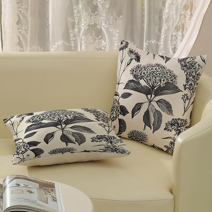 Black Pillow Covers 18x18 Set of 2 Vintage Boho Floral Hydrangea Herbs Botanical Throw Pillow Cover Outdoor Flower Decoration Pillowcase Linen Farmhouse Cushion Case Decorative for Couch Sofa