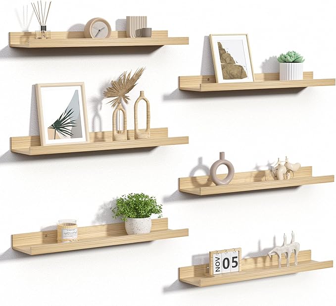 upsimples Floating Shelves for Wall, 23.6 Inch Shelves for Decor Storage Set of 6, Wall Mounted Wood Shelf for Bedroom, Living Room, Bathroom, Kitchen, Long Picture Ledge Shelves, Natural