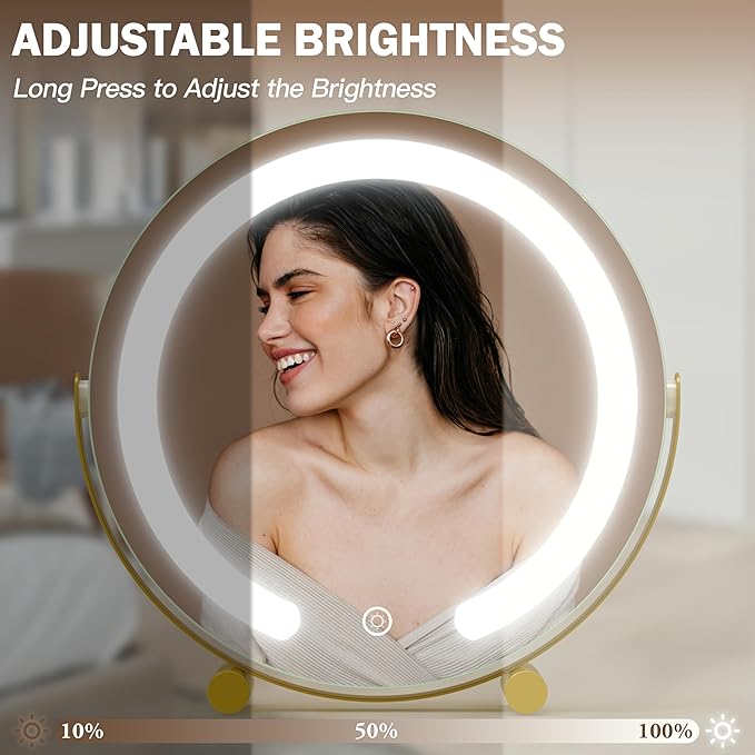 ROLOVE Gold Vanity Mirror with Lights, 12 Inch 3-Color Dimmable Smart Touch Makeup Mirror for Desk, 360° Rotation Tabletop Lighted Mirror for Bedroom, Dressing Room & Daily Grooming
