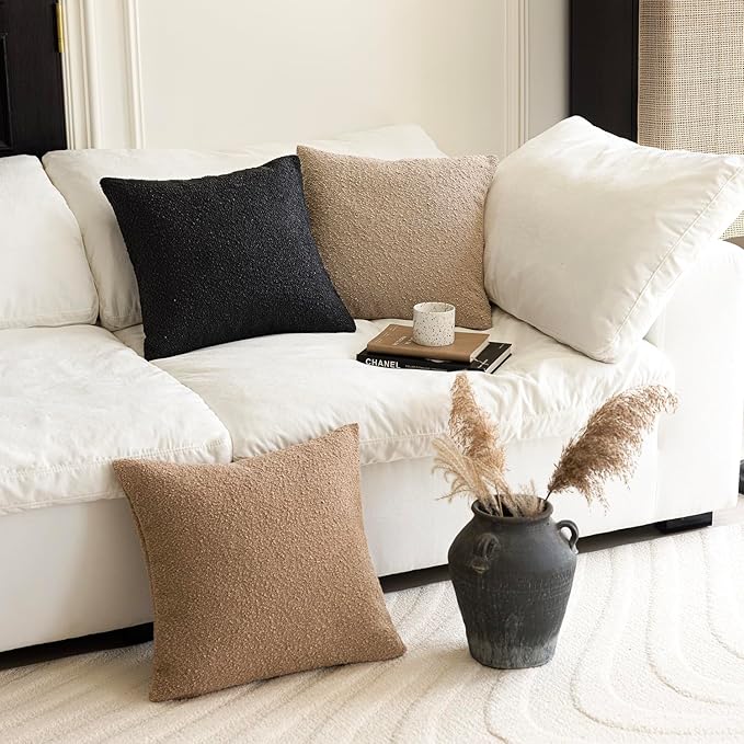 Foindtower Decorative Textured Boucle Throw Pillow Covers Accent Solid Pillow Cases Neutral Soft Cozy Couch Cushion Case for Chair Sofa Bedroom Living Room Home Decor 16x16 Inch,1PC,Black