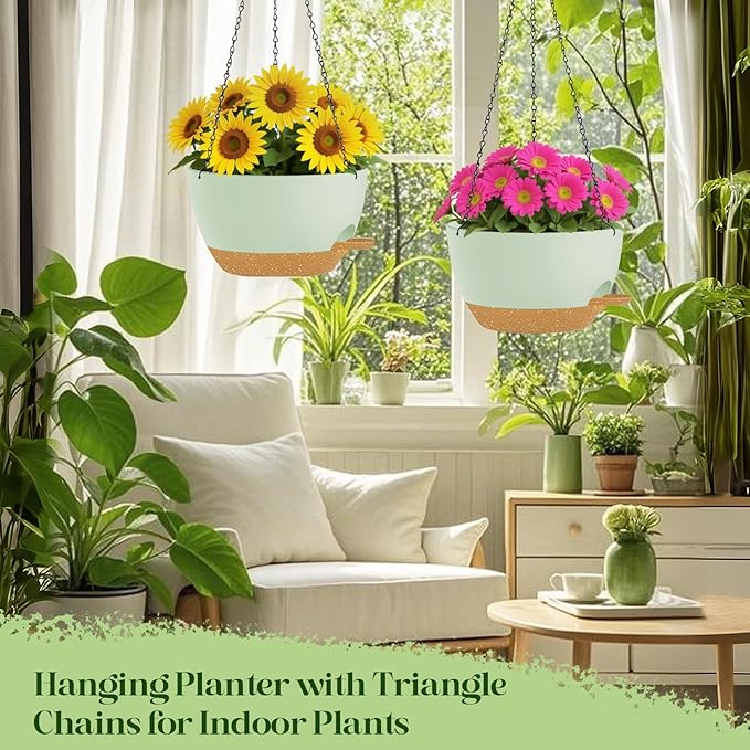 10 Inch Hanging Planters with Chains 2 Pack Self Watering Green Brown Plastic Hanging Pots for Indoor Outdoor Plants, Garden Porch Home Decor (Green Brown)