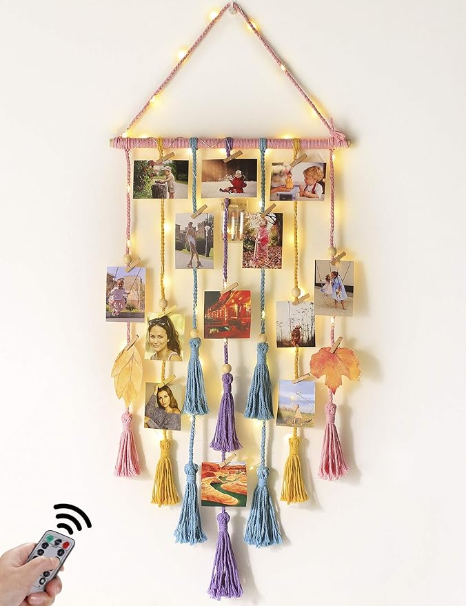 Homecor Room Decor for Teen Girls, Hanging Photo Display Macrame Picture Collage Wall Decor, Boho Decor for Bedroom Apartment Dorm Room with Remote Light, Christmas Birthday Gifts for Teenage Girls