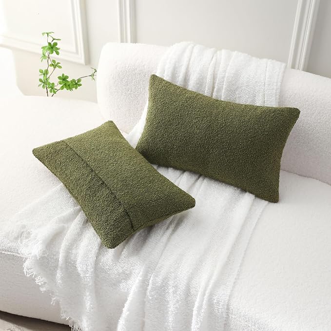 FUTEI Pack of 2 Moss Green Decorative Throw Pillow Covers 12x20 Inch Soft Cozy Solid Boucle Textured Lumbar Pillow Cases,Modern Home Decor for Couch Bed Living Room