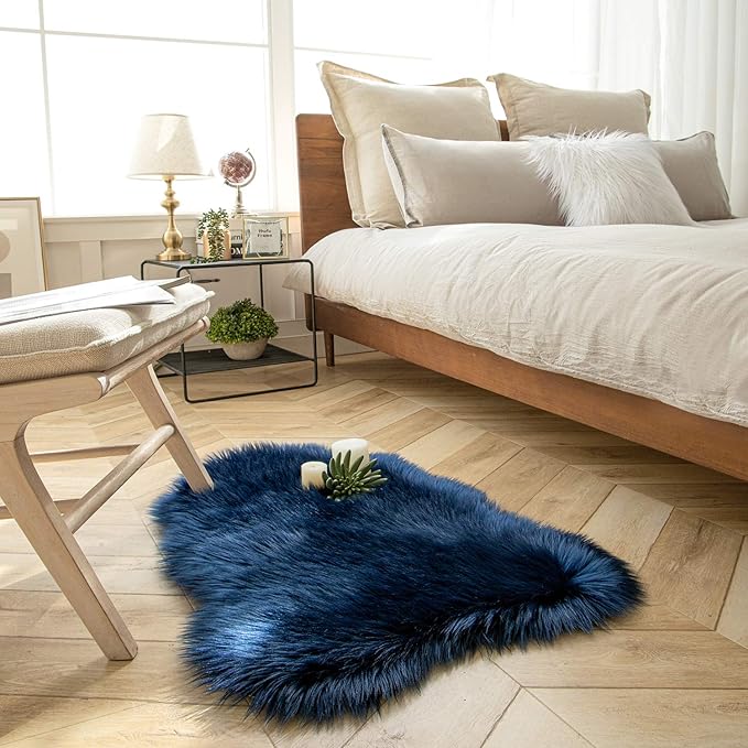 Ashler faux fur rug, Fluffy Shaggy Area Rug Ultra Soft 2 x 3 Feet Sheepskin Fur Rug, Navy Blue Fuzzy Rug Machine Washable Shag Rug, Nursery Decor Throw Rugs for Bedroom, kids room, Living Room