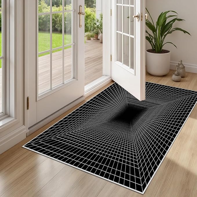 Optical Illusion Rug - Washable Rugs 7x10, Abstract Geometric Lines Soft Neutral Indoor Floor Mats Plaid Carpet, Non-Slip Stain Resistant Modern Black Rug for Bedroom, Living Room Rugs