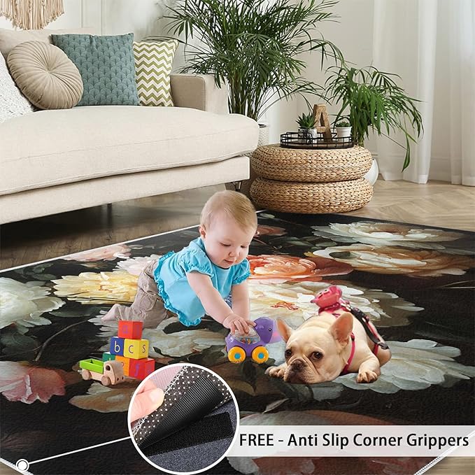 Flowers 4x5 Area Rugs for Living Room Peony Washable Rug Rustic Flowers Rug Non Slip Low Pile Soft Area Rugs for Bedroom Bedside Dining Room Kids