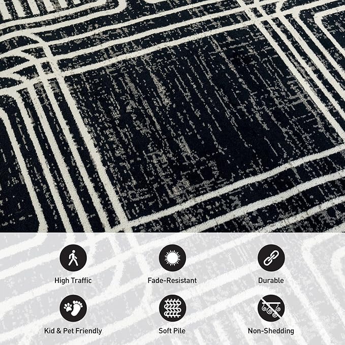 Rugshop Black and White Geometric Area Rug – Abstract Curved Line and Square Pattern Carpet for Living Room, Bedroom, or Office – Contemporary Soft Floor Décor 2' 3" x 4' Black