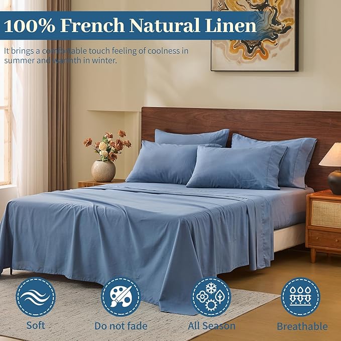 MEISHANG 100% French Pure Linen Sheets King Size - Bed Sheets 4 Piece Sets, Soft Durable Flax Linen, Anti-Tear Breathable Oeko-Tex Certified with 16" Deep Pocket (Dusty Blue)