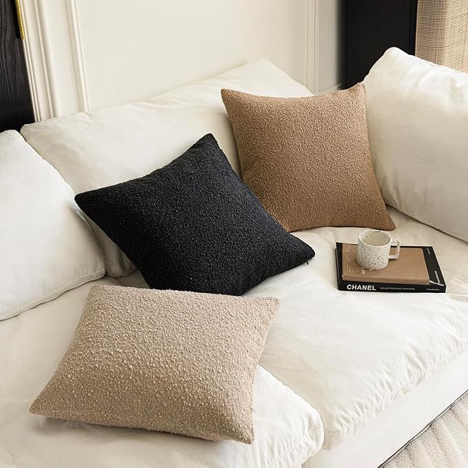 Foindtower Decorative Textured Boucle Throw Pillow Covers Accent Solid Pillow Cases Neutral Soft Cozy Couch Cushion Case for Chair Sofa Bedroom Living Room Home Decor 20 x 20 Inch,Black
