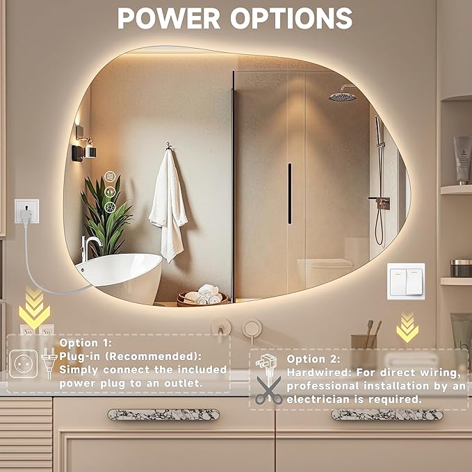 Hasipu Irregular Wall Mirror with Lights- 40"x30" Large Vanity Mirror with Anti-Fog, 3 Color Modes,Dimmable Light, Memory Function, Backlit Wall Mount, Horizontal/Vertical