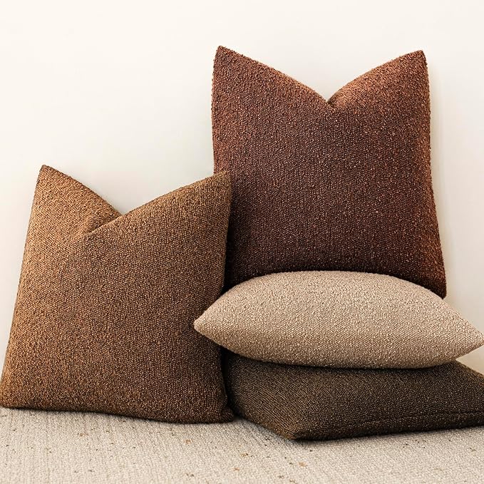 Foindtower Decorative Textured Boucle Throw Pillow Covers Accent Solid Pillow Cases Neutral Soft Cozy Couch Cushion Case for Chair Sofa Bedroom Living Room Home Decor 26x26 Inch,1PC,Hazel Brown