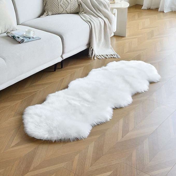 duduta White Faux Sheepskin Runner Rugs 2x6 ft, Fluffy Shag Bedroom Rug Fur Sofa Couch Covers Washable