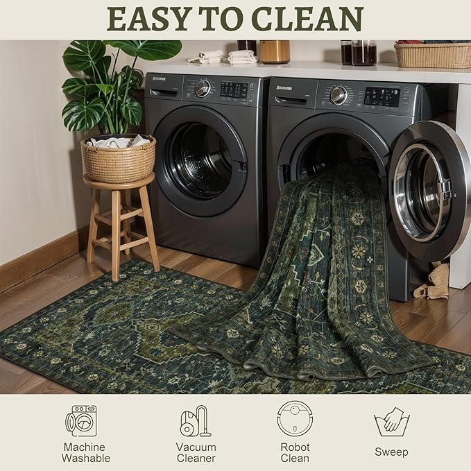 Tangsoo 8x10 Area Rugs for Living Room, Washable Rugs Oriental Vintage Indoor Non Slip Large Area Rugs, Print Carpet, Soft Low Pile Rug Foldable Floor Rug for Bedroom Dining Room Dorm Olive Green