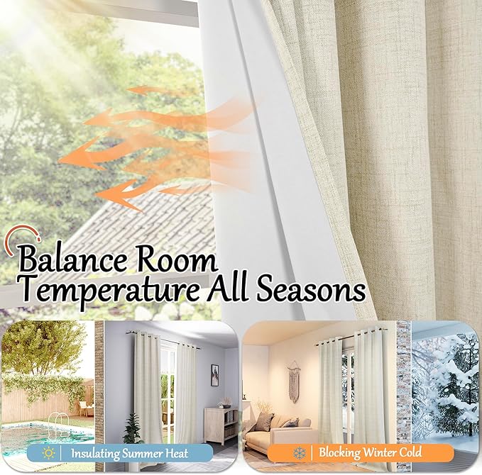 Lajode 100% Blackout Curtains for Bedroom 63 Inch Length 2 Panels, Thermal Insulated Complete Light Blocking Noise Reducing Linen Window Curtains for Nursery, Bronze Grommet, Each 52" Wide, Natural