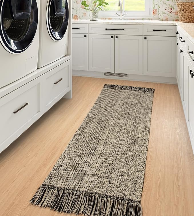 Collive Hallway Runner Rug, 2x5 Washable Natural/Black Modern Entryway Runner Rug Hand-Woven Cotton Boho Kitchen Runner Rugs for Bedroom Laundry Room Rug Front Door Farmhouse Bathroom Rug Outdoor
