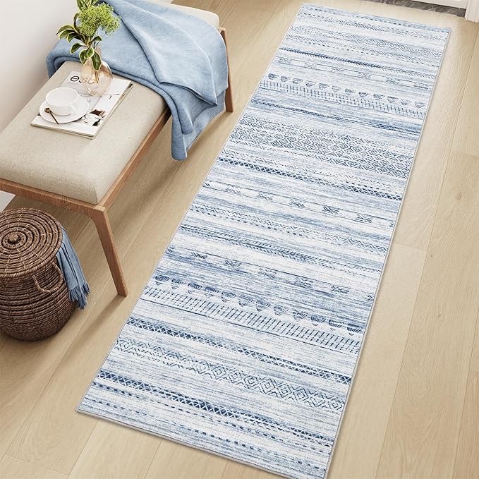 2x8 Runner Rug Machine Washable Non Slip Area Rug Distressed Neutral Moroccan Boho Rug Ultra Soft Floor Runners for Hallways for Entryway Laundry Room Kitchen, Blue