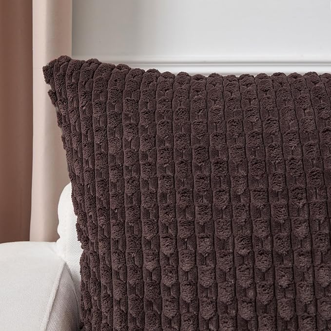Kevin Textile Decorative Pillow Covers Set of 2 Striped Plush Corduroy Rectangle Lumbars Boho Home Decor Cushion Covers for Couch Sofa Bed Living Room 12x20 Inch, Coffee