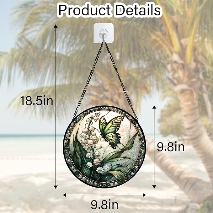 Stained Glass Window Hanging, Lily of The Valley Flower Butterfly Suncatcher for Doors Home Sun Catchers Decoration and Christmas, Mother's Day Birthday Gifts for Women, Men, Mom 9.8 in
