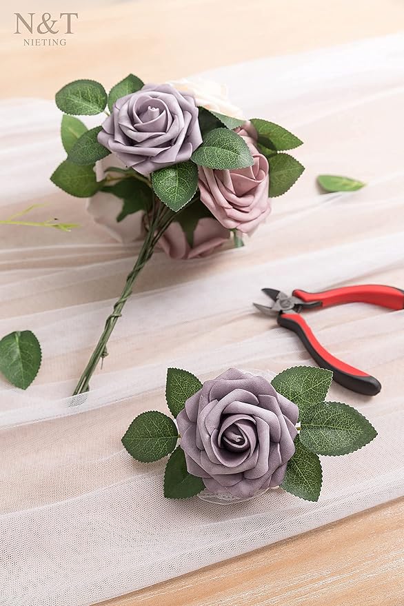 N&T NIETING Artificial Flowers, 25Pcs Fake Flowers Roses Perfect for DIY Wedding Bouquets Centerpieces Bridal Shower Party Home Flower Arrangement Decorations, Dusty Rose Series