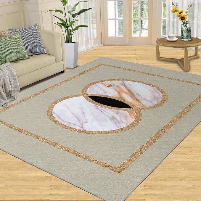 Abstract Marble Area Rugs Gilded Circle Rectangle Geometry Area Carpet Mid-Century Simple Rug Luxury Decor Rug for Living Room Door Mats Porch 5x8ft