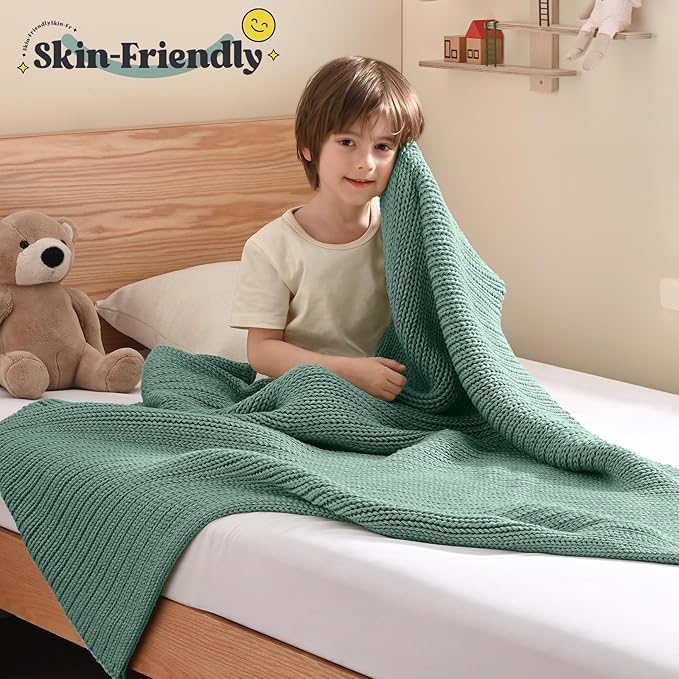 Guohaoi Knitted Weighted Blanket Kids (Haze Green 36"x48" 3lbs) No Beads Cooling Heavy Blanket, Home Decor Breathable Chunky Knit Throw Blanket for All-Season Use
