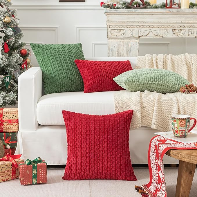 Kevin Textile Pack of 2 Christmas Corduroy Decorative Throw Pillow Covers 22x22 Inch Soft Boho Striped Pillow Covers Modern Farmhouse Home Decor for Spring Sofa Living Room Couch Bed Burgundy
