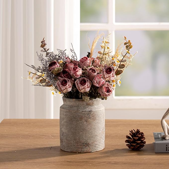 Ceramic Flower Vase 6.5 inch Farmhouse Rustic Vase for Home Decor Handcrafted Pottery Vase Small Terracotta Vases for Dining Table Decor Fireplace Living Room Bathroom Wedding Centerpiece(M-Terra)