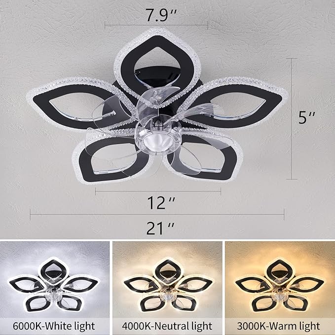 21-Inch Ceiling Fan with Lights and Remote Control, Black Geometric, 6 Wind Speeds, 3 Light Color, Low Profile, Flush Mount, for Kitchen, Bedroom, Living Room