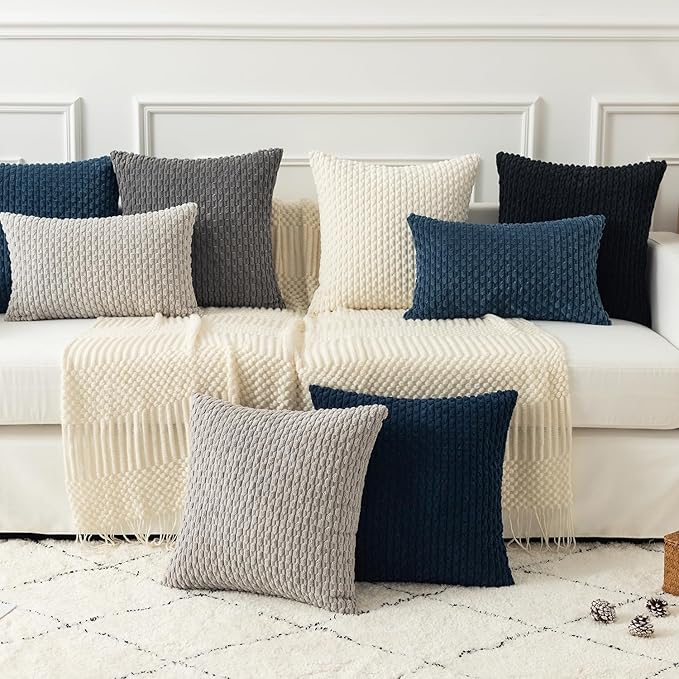 Kevin Textile 2 Packs Blue Decorative Throw Pillow Covers 22x22 Inch for Living Room Couch Bed Sofa Soft Striped Corduroy Square Cushion Case 55x55 cm Rustic Farmhouse Boho Home Decor