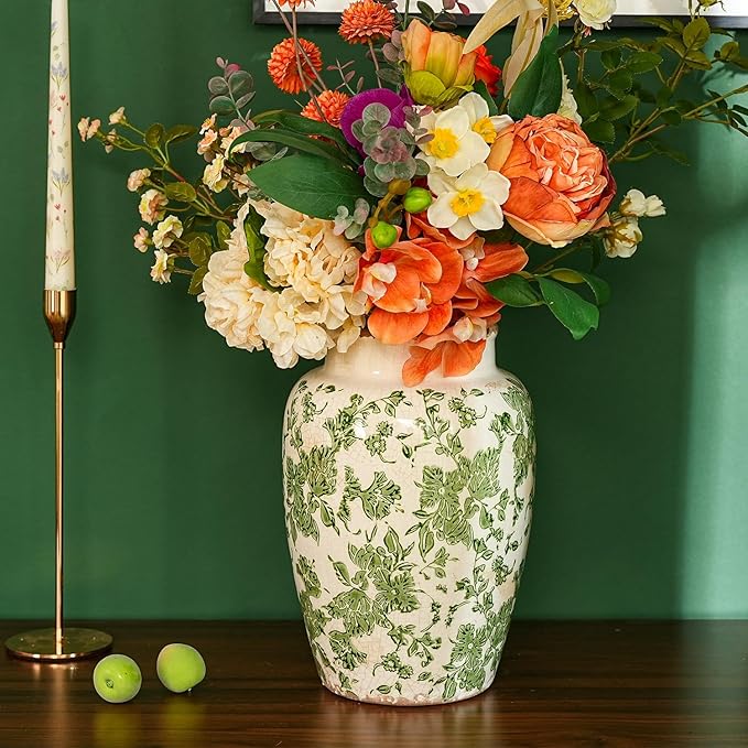 Sungmor Ceramic Flower Vase, Vintage Ice Cracked Glaze Porcelain Vase, Pretty Home Decor Vase for Flower Arrangement, Fresh Flowers, 10.2 Inch Tall Chinoiserie Pottery Vase, Green Floral Pattern