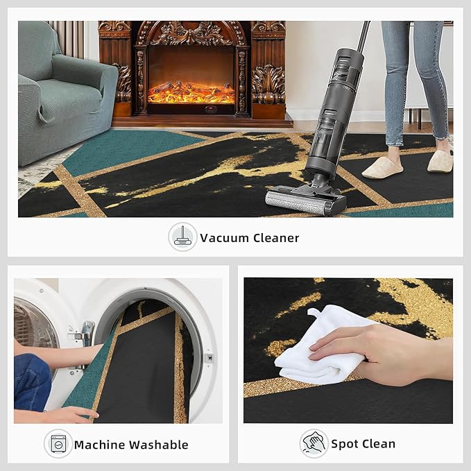 Black Gold Marble Area Rugs Emerald Green Abstract Marble Carpet Medieval Geometry Area Rug Indoor Non-Slip Carpet Golden Geometric Lines Rugs for Bedroom 4x6ft