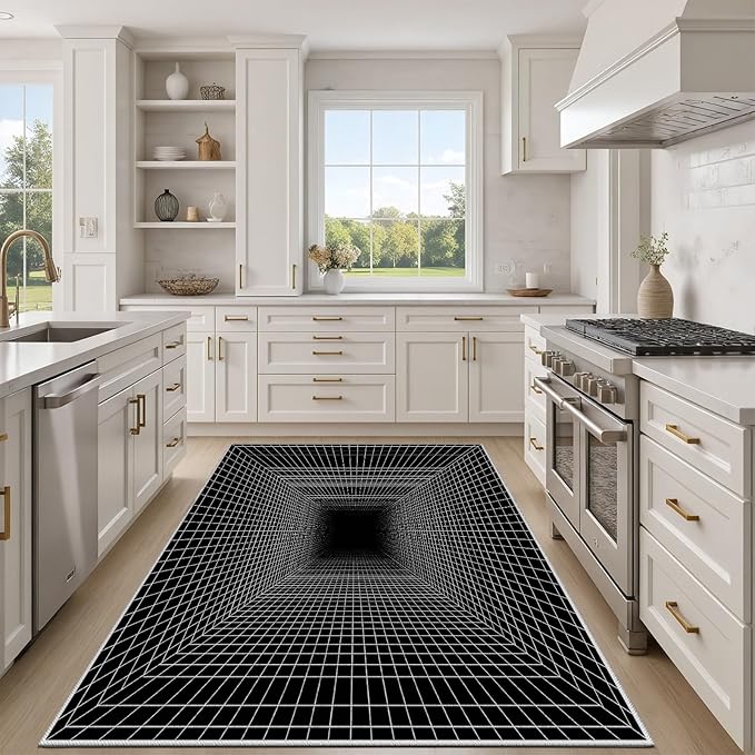 Optical Illusion Rug - Washable Rugs 7x10, Abstract Geometric Lines Soft Neutral Indoor Floor Mats Plaid Carpet, Non-Slip Stain Resistant Modern Black Rug for Bedroom, Living Room Rugs
