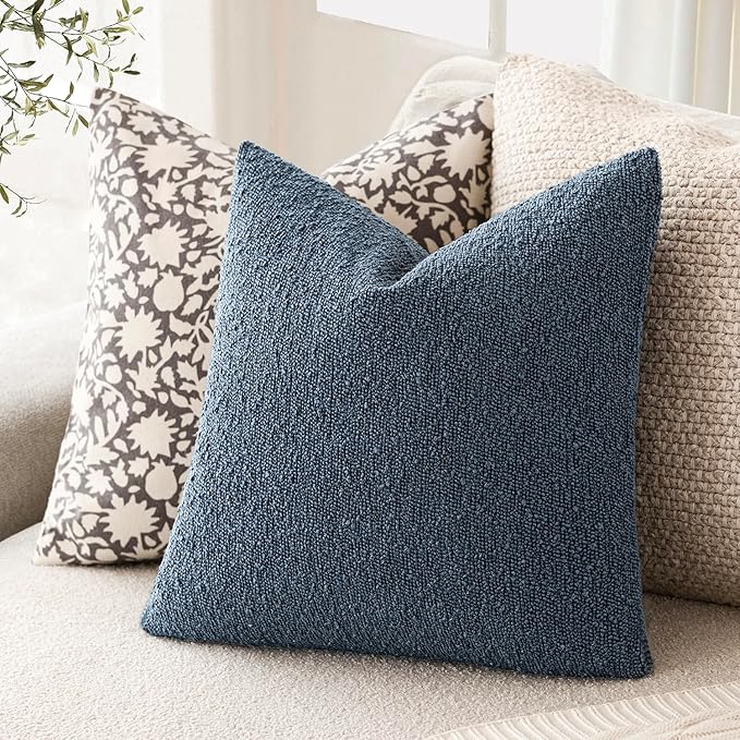 Foindtower Decorative Textured Boucle Throw Pillow Covers Accent Solid Pillow Cases Neutral Soft Cozy Couch Cushion Case for Chair Sofa Bedroom Living Room Home Decor 22x22 Inch,1PC,Dark Blue