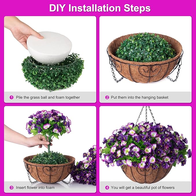 Artificial Hanging Flowers 12 inch Basket, Faux Silk Petunias Flower Arrangement,Coconut Lining Pot Planter with Morning Glories Patio Garden Porch Deck Spring Summer Decor(Purple Edge)