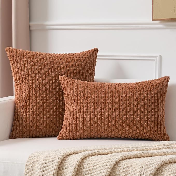 Kevin Textile Euro Sham Pillow Covers 28x28 Inch 2 Packs Soft Boho Striped Corduroy Decorative Throw Pillows for Living Room Couch Bed Sofa Rustic Farmhouse Home Decor 71x71cm Burnt Orange