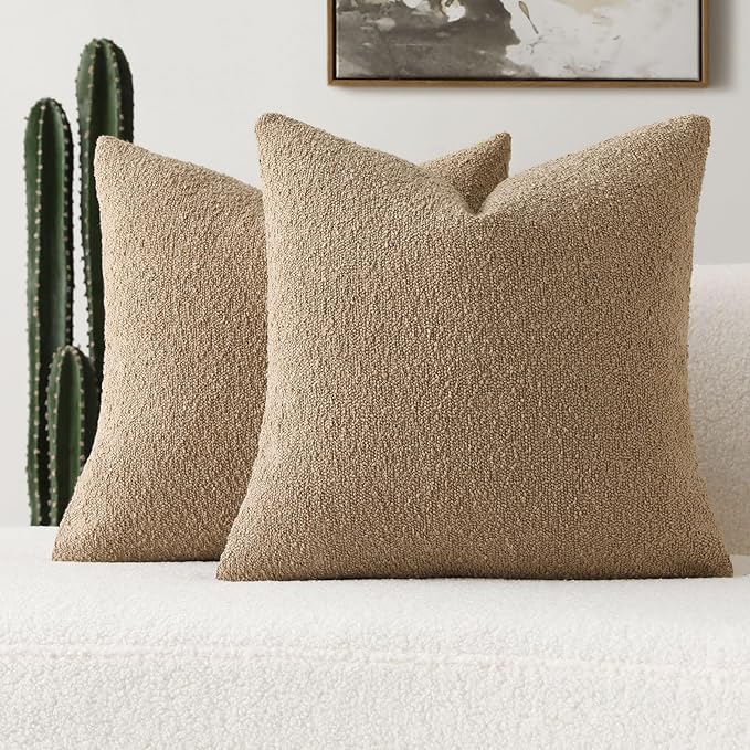 FUTEI Pack of 2 Khaki Decorative Throw Pillow Covers 16x16 Inch Soft Cozy Solid Boucle Textured Cushion Case,Modern Home Decor for Couch Bed Living Room