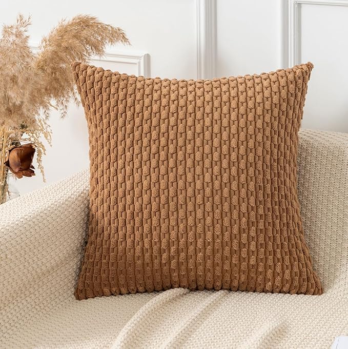 Kevin Textile Throw Pillow Covers Soft Corduroy Decorative Set of 2 Boho Striped Pillow Covers Pillowcases Farmhouse Home Decor for Couch Bed Sofa Living Room 20x20 Inch Khaki