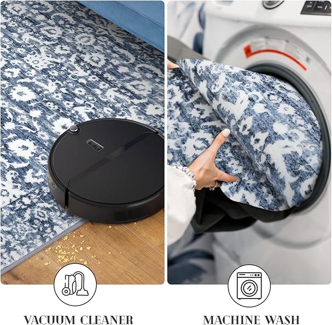 Vintage 4x6 Living Room Washable Rug, Light Blue White Non-Slip Soft Bedroom Area Rug Thin Printed Faux Wool Floor Super Soft Carpet Throw Rugs for Nursery Playroom Dining Room Office