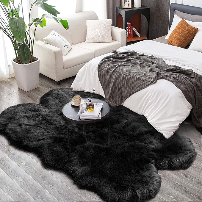 Latepis Black Faux Fur 4x6 Area Rug Tapetes para Sala for Bedroom Fluffy Plush Shag Rug for Living Room Furry Rugs Washable Rug Luxury Home Décor