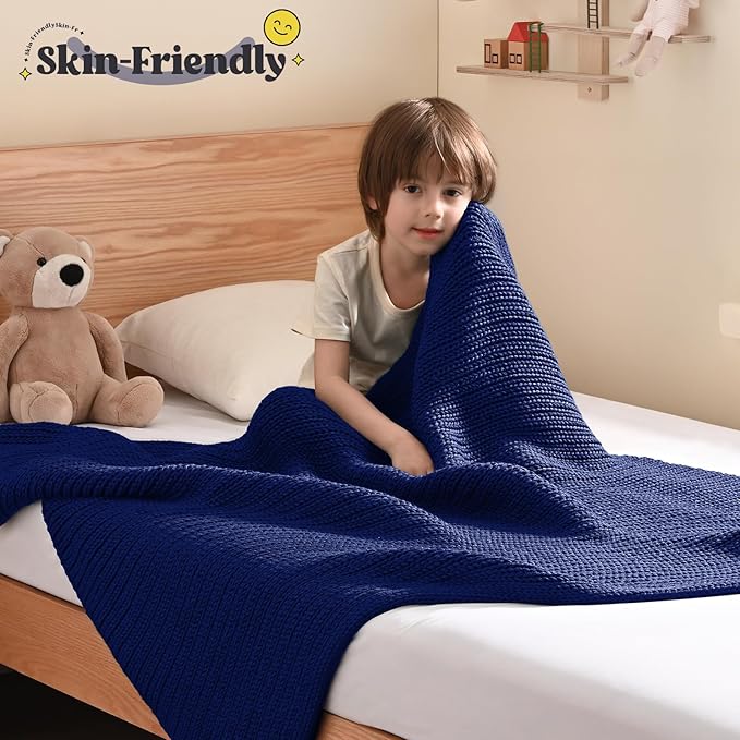 Guohaoi Knitted Weighted Blanket Kids (Blue 36"x48" 3lbs) No Beads Cooling Heavy Blanket, Home Decor Breathable Chunky Knit Throw Blanket for All-Season Use