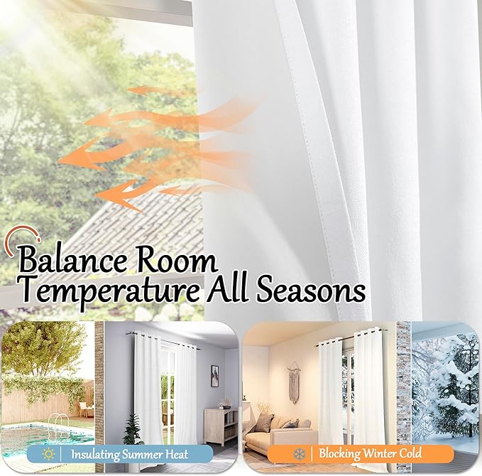 Blackout Curtains for Bedroom 72 Inch Length 2 Panels Set, Thermal Insulated 100% Black Out Privacy Soundproof Grommet Farmhouse Linen Window Curtains for Living Room Darkening, White, Each 52”Wide