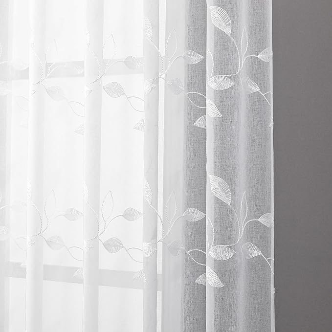 Tollpiz White Leaf Sheer Curtains Leaves Embroidered Living Room Short Curtain Rod Pocket Voile Window Treatments for Bedroom, 54 x 45 inches Long, Set of 2 Panels