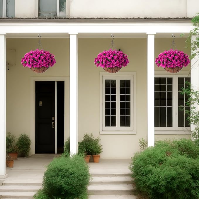 Artificial Hanging Flower Plants with Basket for Outdoor Decoration, Faux Petunias Flowers Fake Morning Glory Planter for Outside Patio Garden Porch Balcony Yard Decor(Fuchsia)