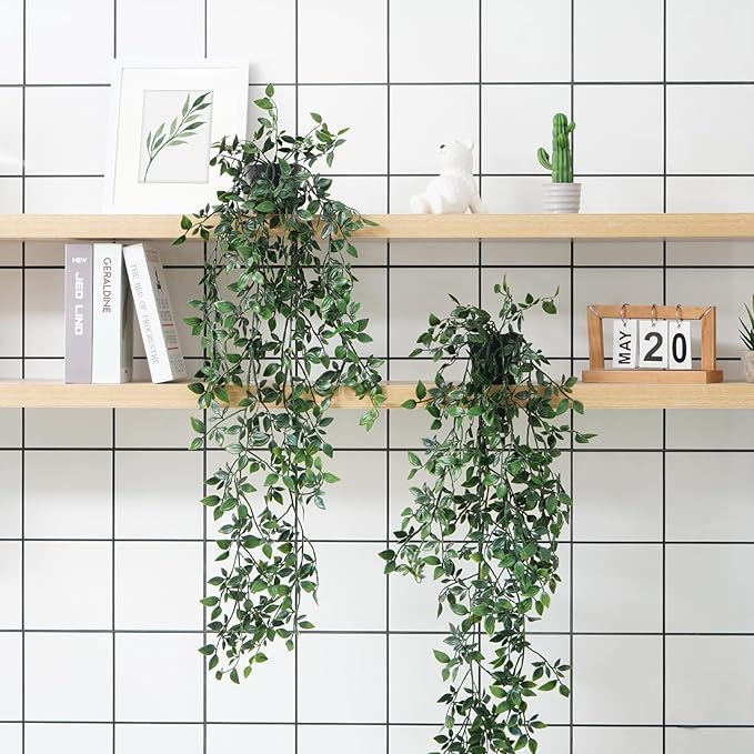 BLEUM CADE Fake Hanging Plants, 2pcs Artificial Hanging Potted Plant, Faux Mandala Vines Hanging Plant Greenery for Wall Shelf Home Living Room Indoor Outdoor Decor