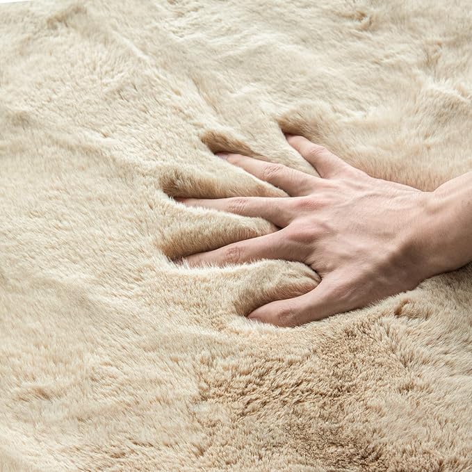 Light Brown Beige Washable Shaggy Round Rug 5ft Faux Rabbit Fur Rugs for Living Room Circle Nursery Rug for Bedroom Girl Room Décor