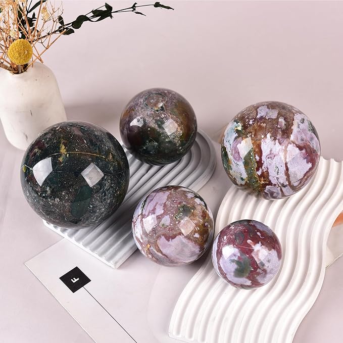 JIC Gem Extra Large Ocean Jasper Crystal Sphere Decorative Crystal Ball Healing Gemstone Sphere for Meditation Office Table Decorations 110-120mm