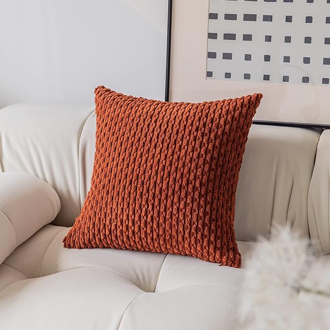 Kevin Textile Fall Pack of 2 Corduroy Decorative Throw Pillow Covers 22x22 Inch Soft Boho Striped Pillow Covers Modern Farmhouse Home Decor for Spring Sofa Living Room Couch Bed Burnt Brick