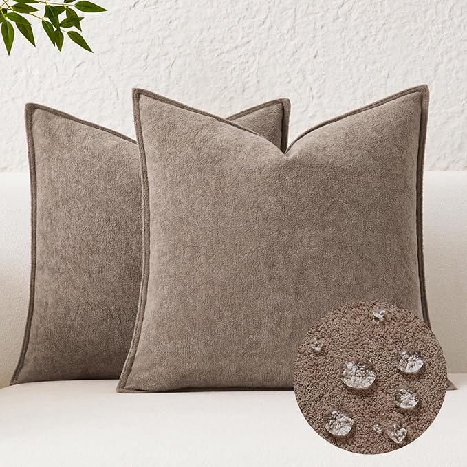 Kevin Textile Waterproof Decorative Pillow Covers Taupe 24x24 Inch Pack of 2 Soft Boucle Textured Euro Pillowcases Elegant Accent Pillows for Couch Sofa Chair Bed Home Decor Indoor Outdoor